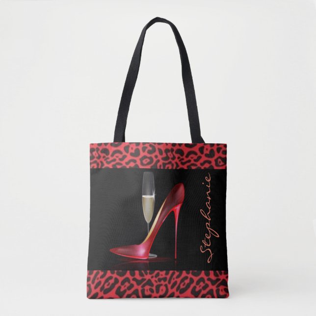 Bolsa Tote Design vermelho do leopardo de Champagne do salto (Frente)
