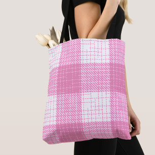 Bolsa Tote Design Xadrez Quadriculado Ousado Rosa e Branco