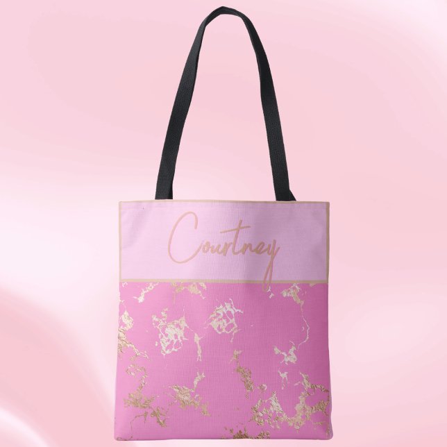 Bolsa Tote Destaque Rosa e Dourado Personalizado (Criador carregado)