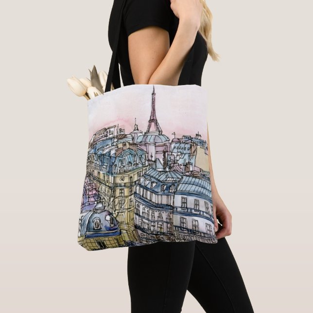 Bolsa Tote Destinos | Torre Eiffel de Aquarela e Paris (Close Up)