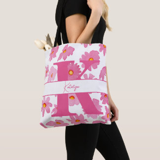 Bolsa Tote Destis Rosa Iniciais Monogramas Flores de Aquarela