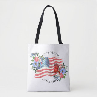 Bolsa Tote Deus Abençoe a América Aquarela Bandeira/Flores/Pá