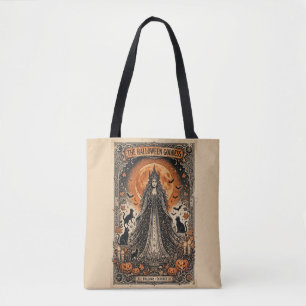 Bolsa Tote Deusa do Halloween Vintage Witch Gótico Gato Preto
