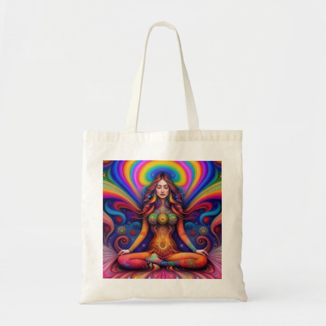 Bolsa Tote Deusa Psicodélica Meditação Arte Arco-Íris (Frente)