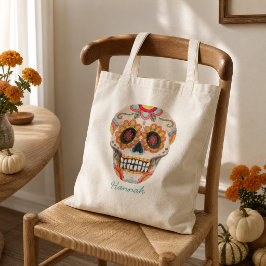 Bolsa Tote Dia das Morte Caveira de Açúcar Aquarela 