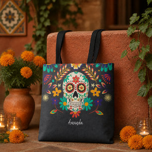 Bolsa Tote Dia das Morte Caveira de Açúcar Floral Preto