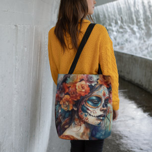 Bolsa Tote Dia de los Muertos aquarela pintada