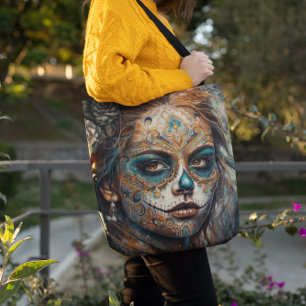Bolsa Tote Dia de los Muertos Turquoise pintado