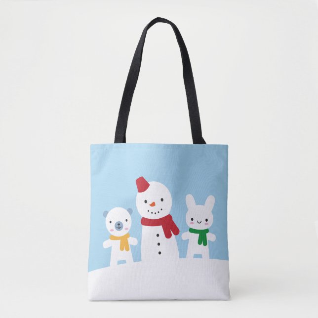 Bolsa Tote Dia de Neve Kawaii com Coelho e Urso (Frente)