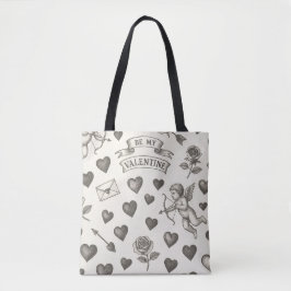 Bolsa Tote Dia dos Namorados Padrão Vintage Corações Rosas Cu