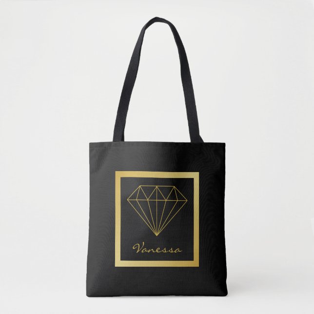 Bolsa Tote Diamante Geométrico Dourado Moderno Preto (Frente)