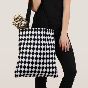 Bolsa Tote Diamante Preto e Branco com Padrão Argyle