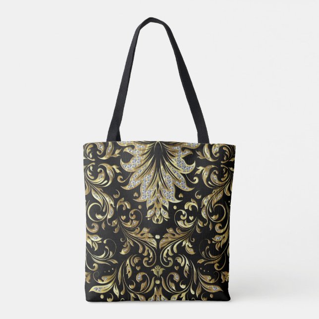 Bolsa Tote Diamantes e Dourado Design Floral (Verso)
