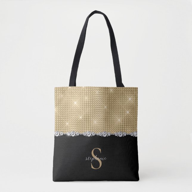 Bolsa Tote Diamonds Monograma Ouro Preto Luxo Sofisticado (Frente)