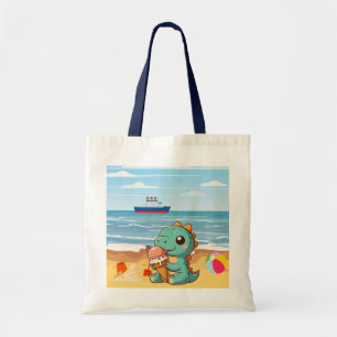 Bolsa Tote Dinô bonito comendo sorvete na praia