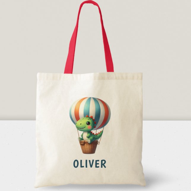 Bolsa Tote Dino Verde-Fofo leva voo num balão de ar quente (Criador carregado)