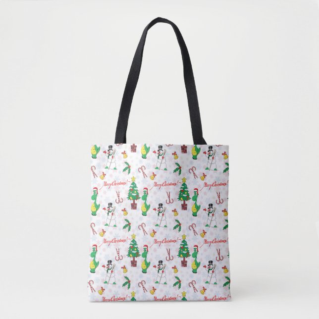 Bolsa Tote dinossauro de Natal e boneco de neve (Frente)