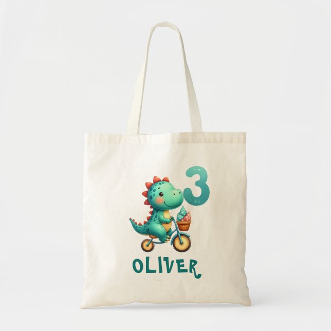 Bolsa Tote Dinossauro Fofo com Bicicleta 3º Aniversário (Frente)