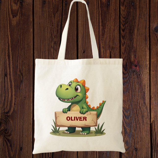 Bolsa Tote Dinossauro Fofo com Placa de Nome Personalizada (Criador carregado)