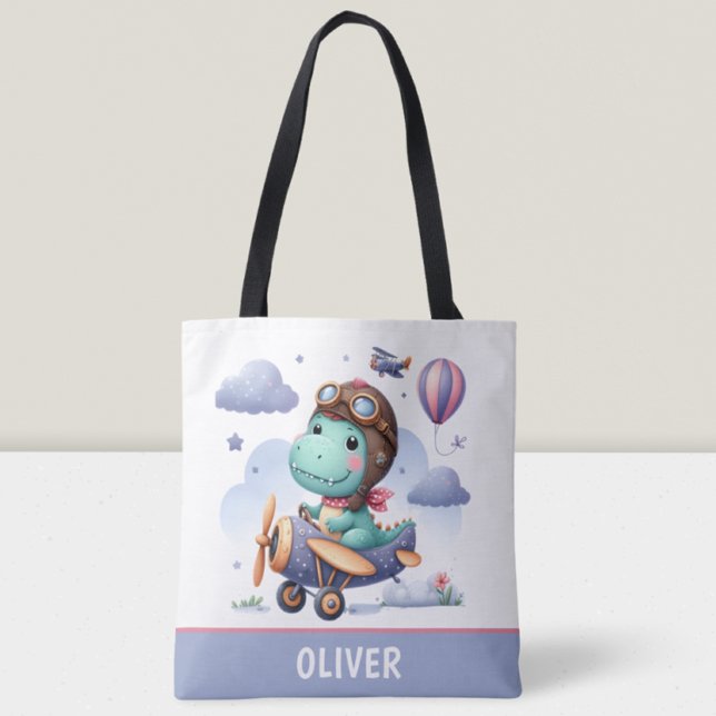 Bolsa Tote Dinossauro Fofo Voando Avião Roxo  (Criador carregado)
