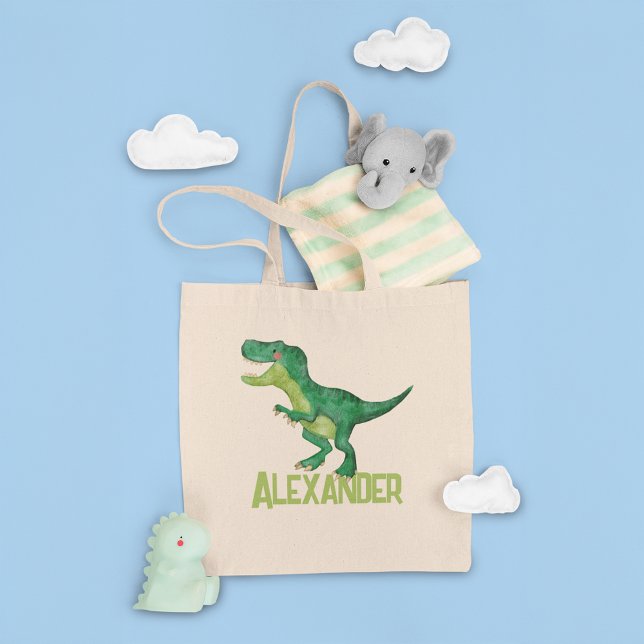 Bolsa Tote Dinossauro T-rex Aquarela com Nome de Crianças Per (Criador carregado)
