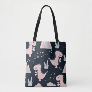 Bolsa Tote dinossauros cor-de-rosa, fundo escuro, fofo