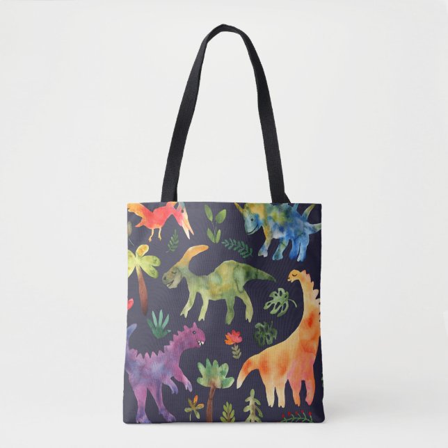 Bolsa Tote Dinossauros Florais: Design de Tecido de de Aquare (Frente)