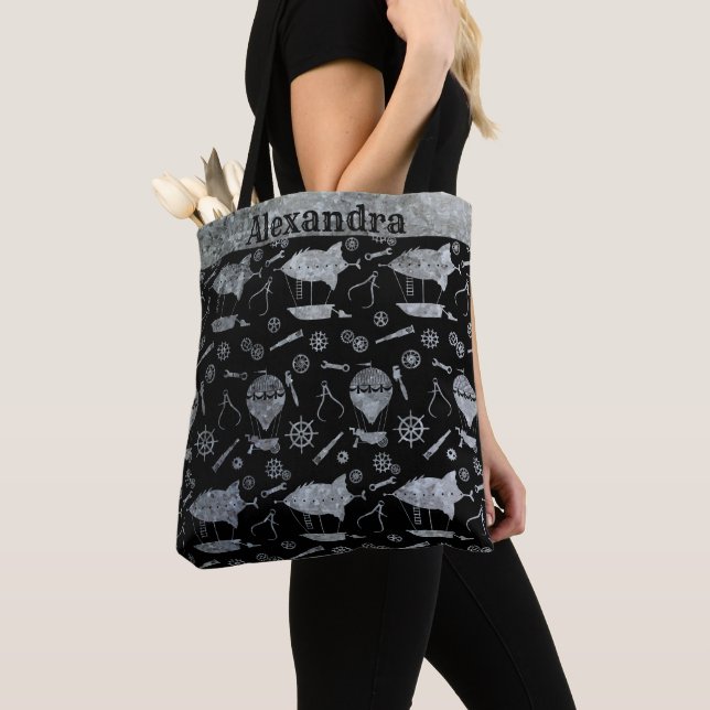 Bolsa Tote Dirigíveis de Zinco Prata Steampunk Nome Personali (Close Up)
