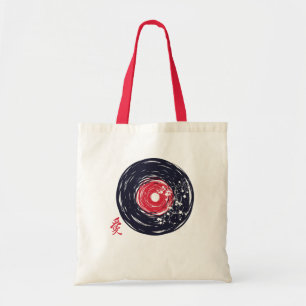 Bolsa Tote Disco de Vinil Retro Grunge Com Flores de Sakura