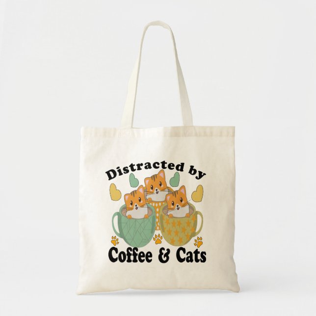 BOLSA TOTE DISTRATADO POR GATOS E CAFÉ. (Frente)
