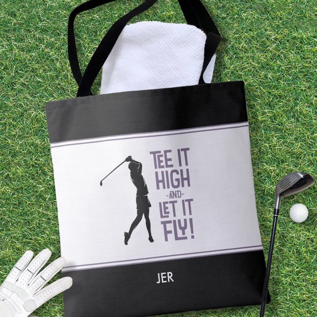 Bolsa Tote Dito Engraçado de Golfe Moderno Roxo Preto (Cute Golfer Golf Humor Funny Black White Purple Tote Bag)