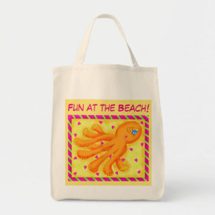 Bolsa Tote Diversão em Laranja Amarelo Octopus Whimsy Beach