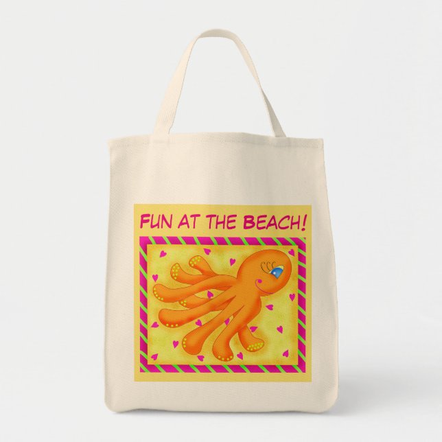 Bolsa Tote Diversão em Laranja Amarelo Octopus Whimsy Beach (Frente)