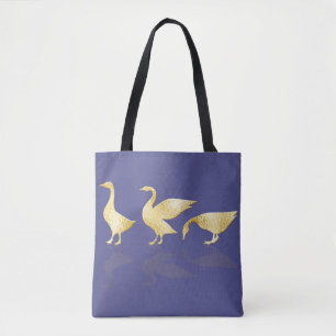 Bolsa Tote Diversão Gold Foil Geese Nome Dourado Púrpura To