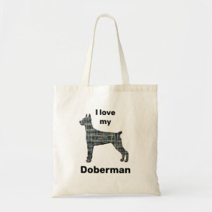 Bolsa Tote Doberman I Love My Dog Yellow & Black Grid Lines