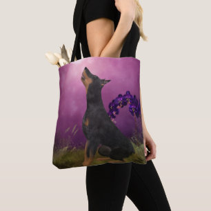 Bolsa Tote Doberman Pinscher Orquídeas Roxas Arte Canino