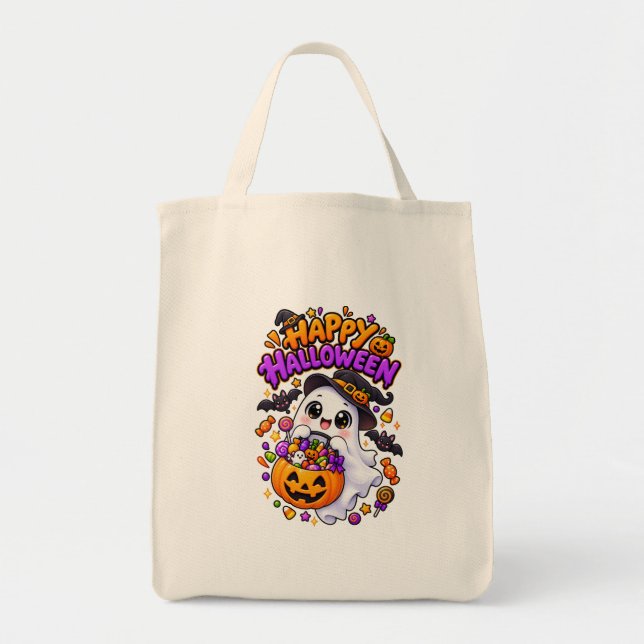 Bolsa Tote Doce Fantasma de Halloween Abóbora Fofa (Frente)