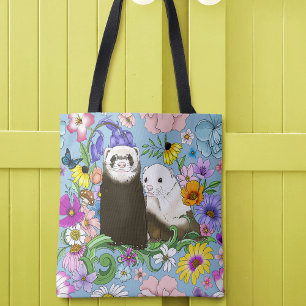 Bolsa Tote Doce Par de Furões Florais Azuis Caprichosos 