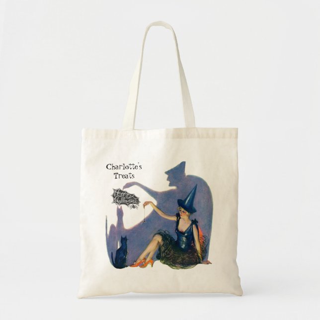Bolsa Tote Doces de Halloween com Bruxa e Gato Caprichosos Vi (Frente)