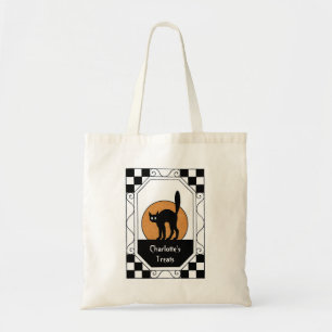 Bolsa Tote Doces de Halloween Gato Preto Vintage Lua Laranja