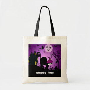 Bolsa Tote Doçura ou travessura roxa do gato preto da bruxa