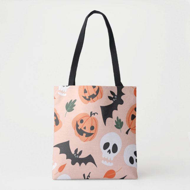 Bolsa Tote Dodles de Halloween, abóboras, padrão de morcegos. (Frente)