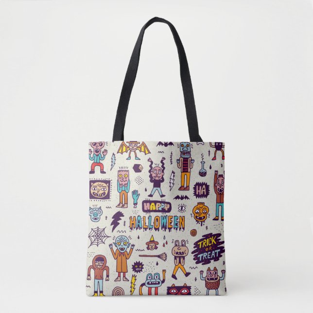 Bolsa Tote Dodles de Halloween, desenho de desenho animado. (Frente)