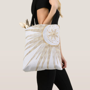 Bolsa Tote Dodles Dourados Elegantes Sun Moon Mandala Design