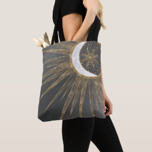 Bolsa Tote Dodles Dourados Elegantes Sun Moon Mandala Design