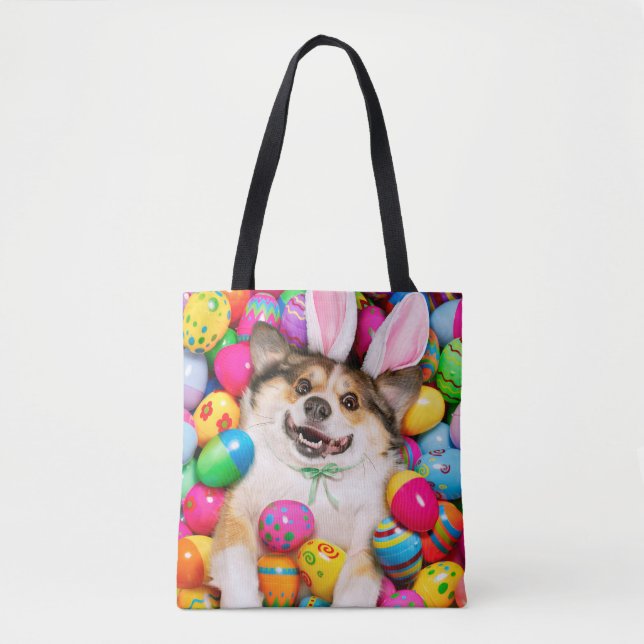 Bolsa Tote Dog Laying on Easter Eggs (Frente)