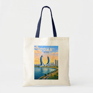 Bolsa Tote Doha Qatar Ilustração Arte de Viagem Vintage