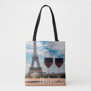 Bolsa Tote Dois copos de vinho com torre Eiffel