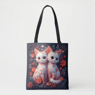 Bolsa Tote Dois Gatinhos Brancos e flores