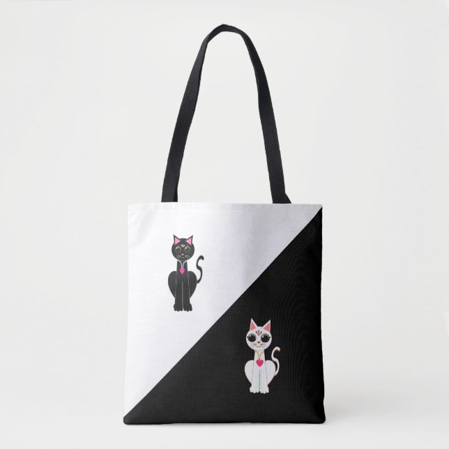 Bolsa Tote Dois Gatos Fofos em Preto e Branco (Frente)
